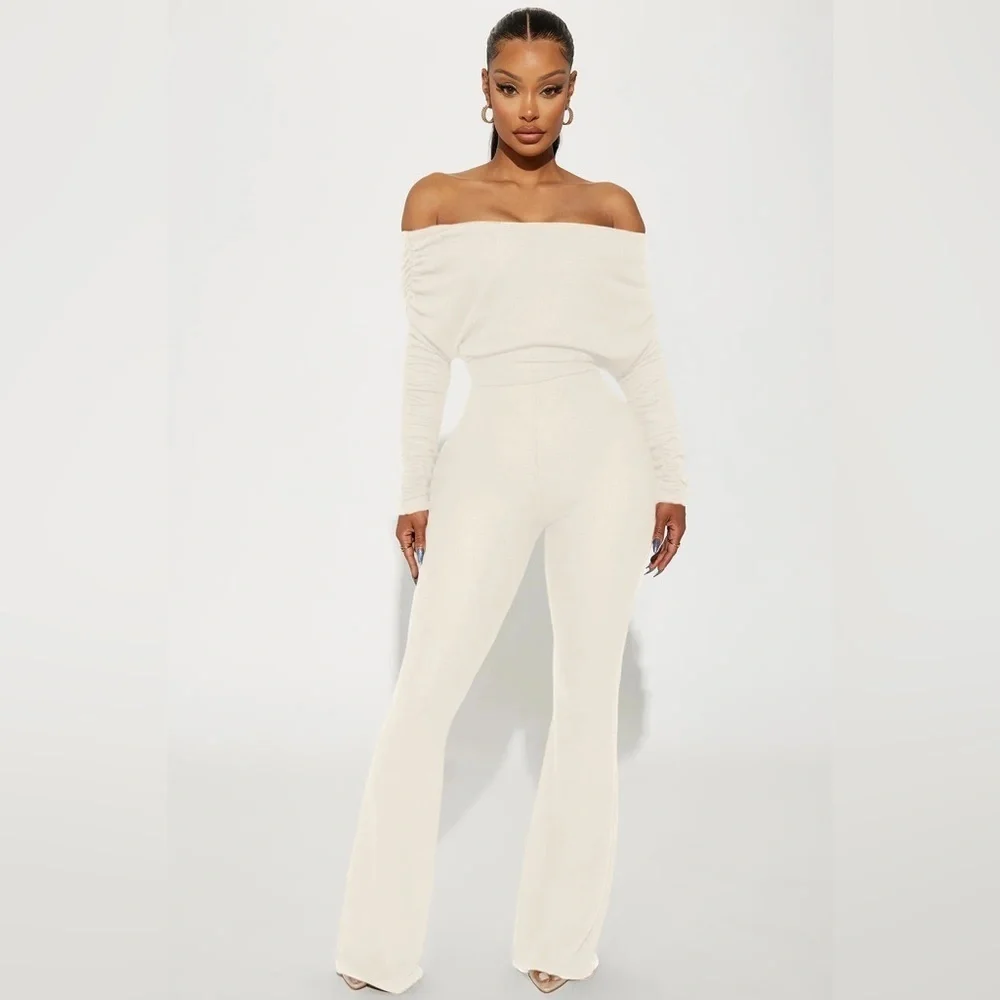 NWOT Fashion Nova Off-Shoulder Cream Jumpsuit